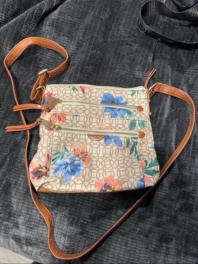 Floral Beige Crossbody Bag with Tan Trim